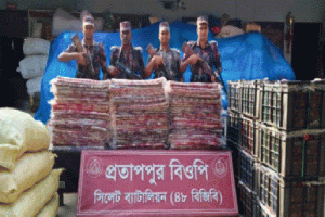 সিলেট সীমান্তে শিং মাছসহ ২৪ লক্ষ টাকার চোরাচালানি মালামাল  জব্দ